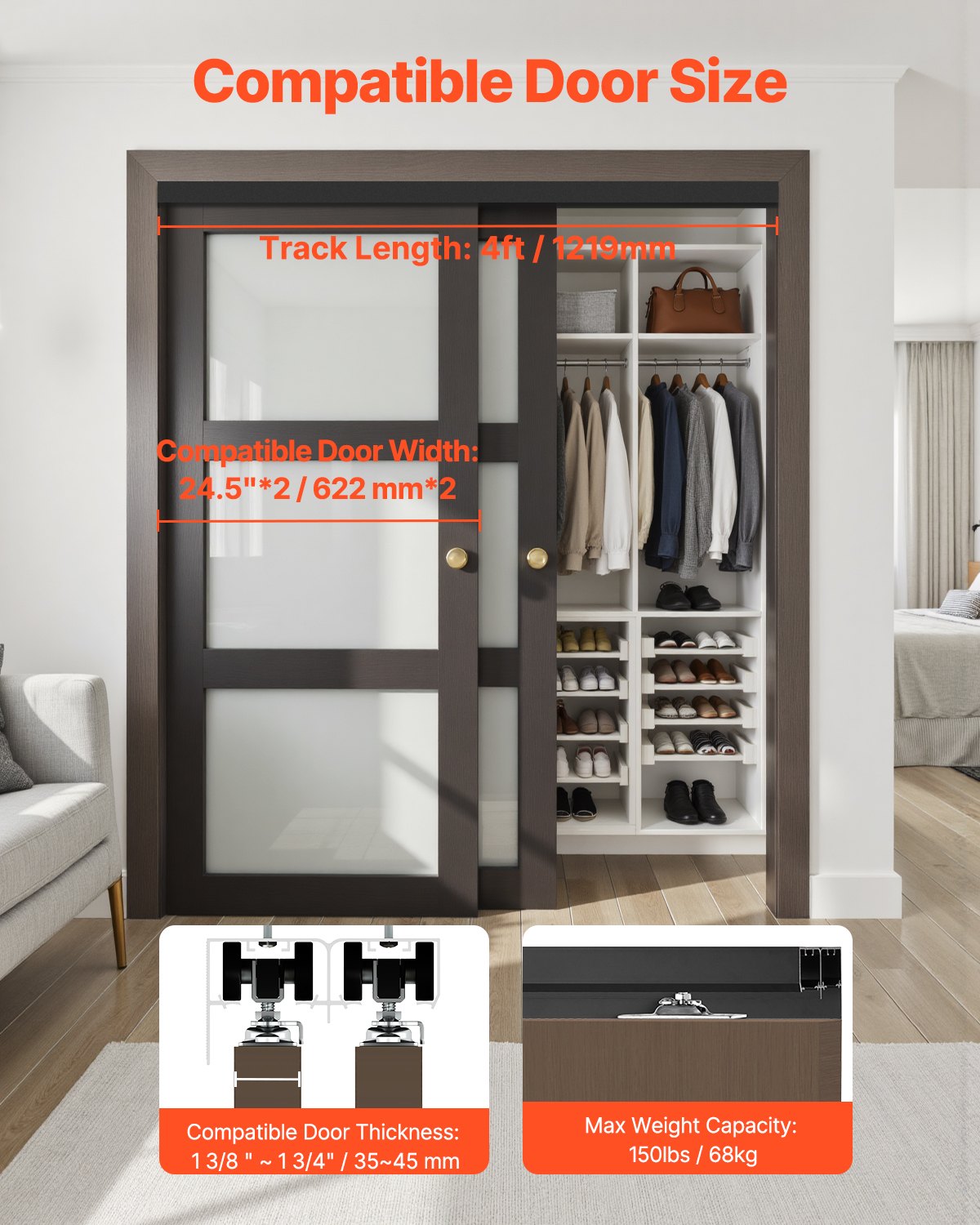 Bypass Door Hardware, 4ft Heavy Duty Bypass Sliding Door Hardware Kit, Aluminum Alloy Sliding Closet Door Hardware Set With Finger Pulls, For 2 Door System, Fit Door Thickness 1 3/8 " - 1 3/4"