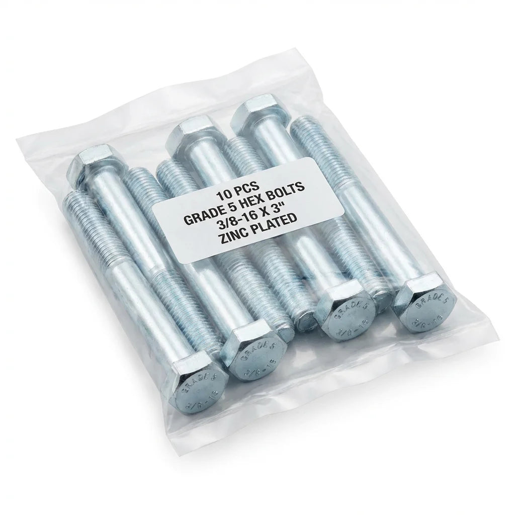 Bevvify Grade 5 Hex Bolt 3/8-16 x 3 inch zinc plated 10pcs