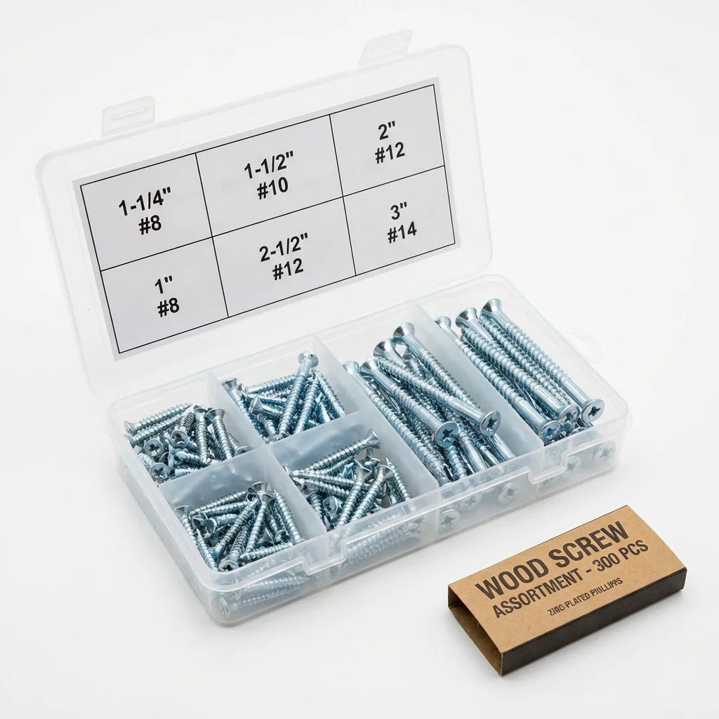 Bevvify Wood Screw Assortment Kit 300pcs 6 sizes in compartment box